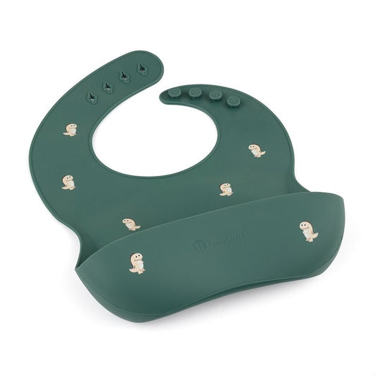 Baveta moale, Petite&Mars, Take&Match, Reglabil, Cu buzunar colector, Silicon, Fara BPA, 6 luni+, Model dinozauri, Verde