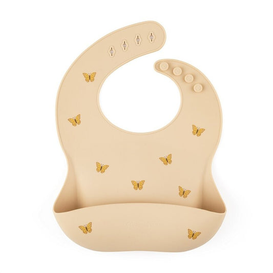 Baveta moale, Petite&Mars, Take&Match, Reglabil, Cu buzunar colector, Silicon, Fara BPA, 6 luni+, Model fluturasi, Bej