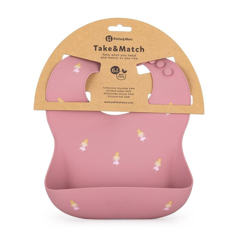 Baveta moale, Petite&Mars, Take&Match, Reglabil, Cu buzunar colector, Silicon, Fara BPA, 6 luni+, Model printese, Roz