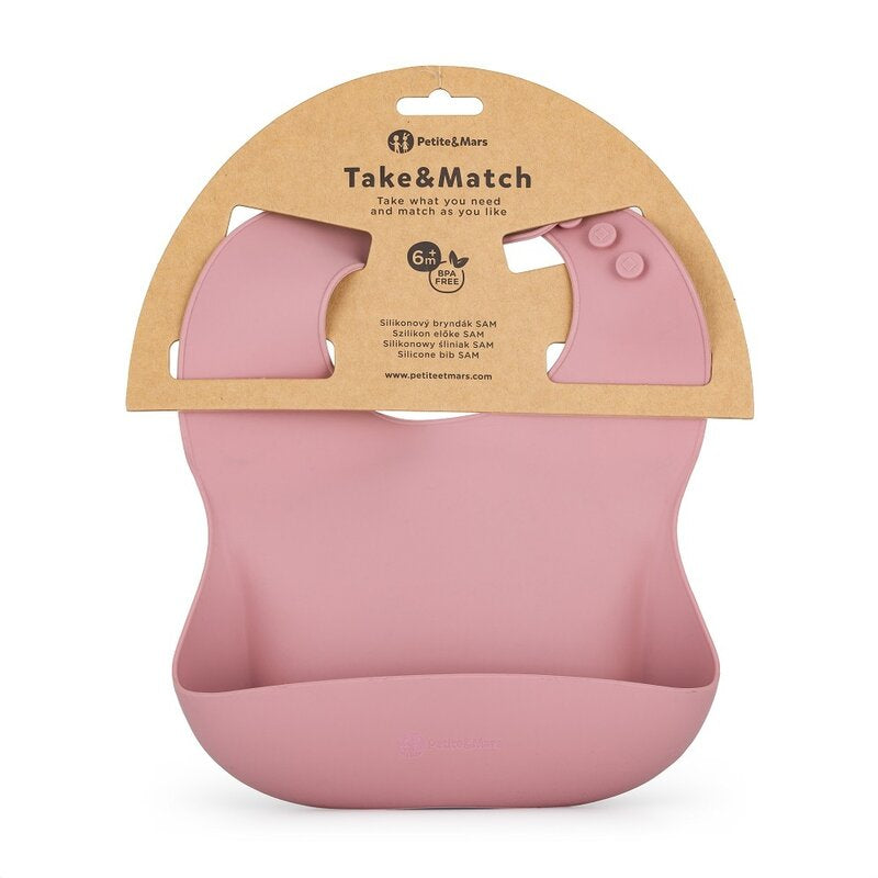Baveta moale, Petite&Mars, Take&Match, Reglabil, Cu buzunar colector, Silicon, Fara BPA, 6 luni+, Roz