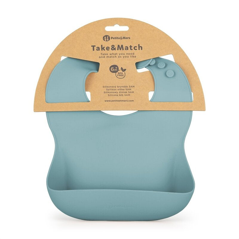 Baveta moale, Petite&Mars, Take&Match, Reglabila, Cu buzunar colector, Silicon, Fara BPA, 6 luni+, Frosted Sky, Albastru