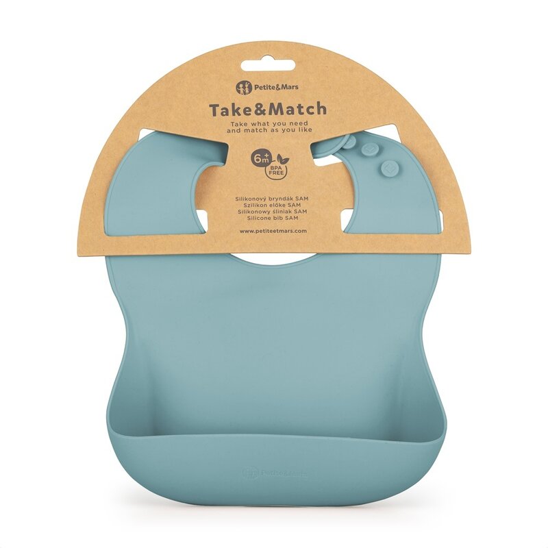 Baveta moale, Petite&Mars, Take&Match, Reglabila, Cu buzunar colector, Silicon, Fara BPA, 6 luni+, Frosted Sky, Albastru