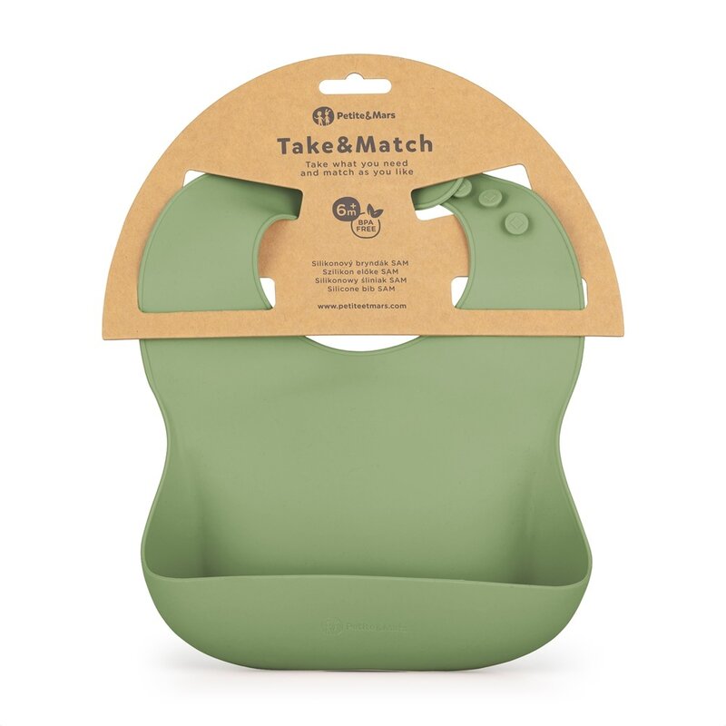 Baveta moale, Petite&Mars, Take&Match, Reglabila, Cu buzunar colector, Silicon, Fara BPA, 6 luni+, Sweet Pea, Verde