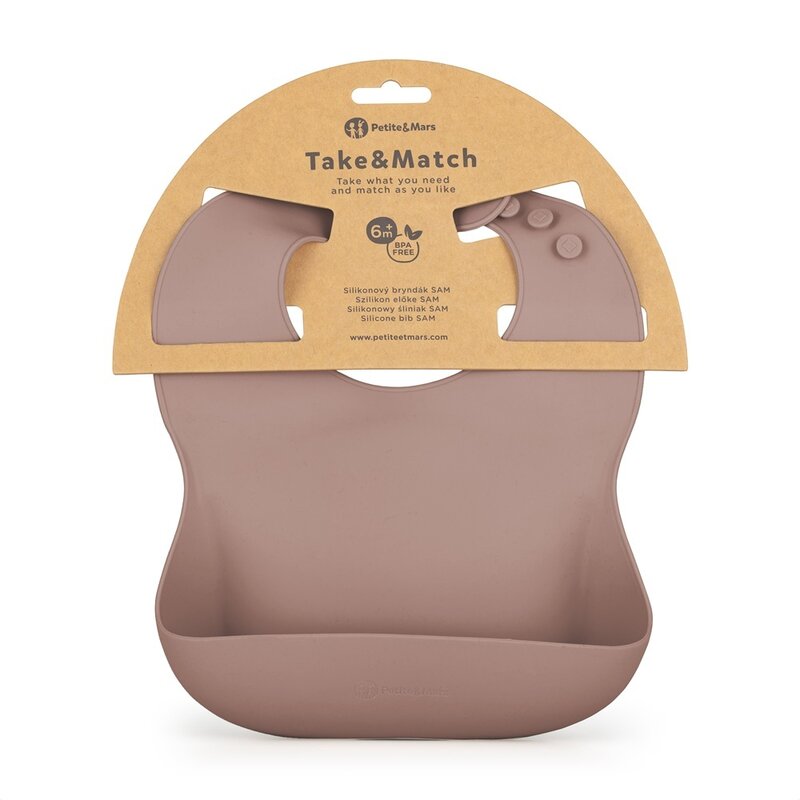 Baveta moale, Petite&Mars, Take&Match, Reglabila, Cu buzunar colector, Silicon, Fara BPA, 6 luni+, Velvet Latte, Maro pudrat