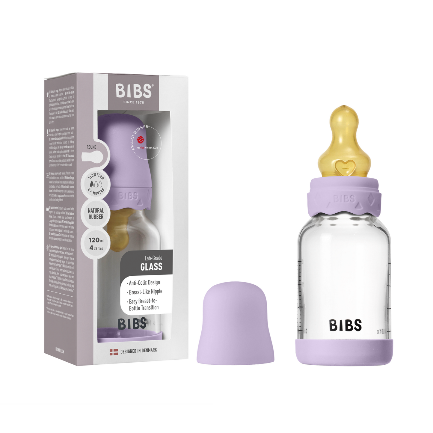 BIBS - Set complet biberon Boheme din sticla anticolici cu tetina din latex, flux lent, 120 ml, Violet Sky