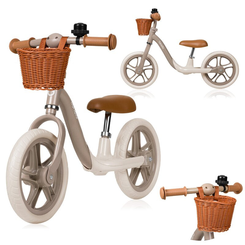 Bicicleta fara pedale, Lionelo, Alex Plus, Usoara, Cu ghidon si sa reglabile, Include cos depozitare si sonerie, Din otel, Cu roti din spuma EVA, 12 inch, Beige Sand