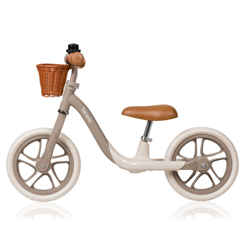 Bicicleta fara pedale, Lionelo, Alex Plus, Usoara, Cu ghidon si sa reglabile, Include cos depozitare si sonerie, Din otel, Cu roti din spuma EVA, 12 inch, Beige Sand