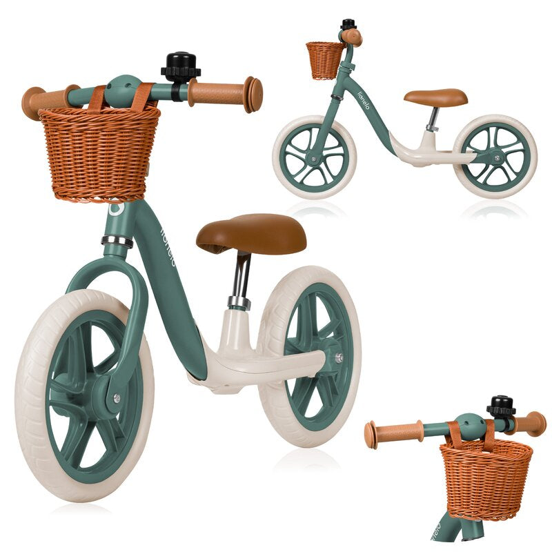 Bicicleta fara pedale, Lionelo, Alex Plus, Usoara, Cu ghidon si sa reglabile, Include cos depozitare si sonerie, Din otel, Cu roti din spuma EVA, 12 inch, Green Forest