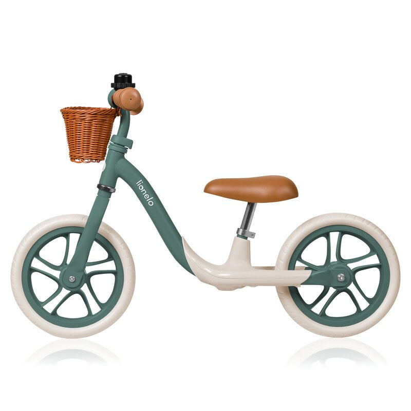 Bicicleta fara pedale Lionelo Alex Plus Verde – roata din spate și suportul pentru picior
