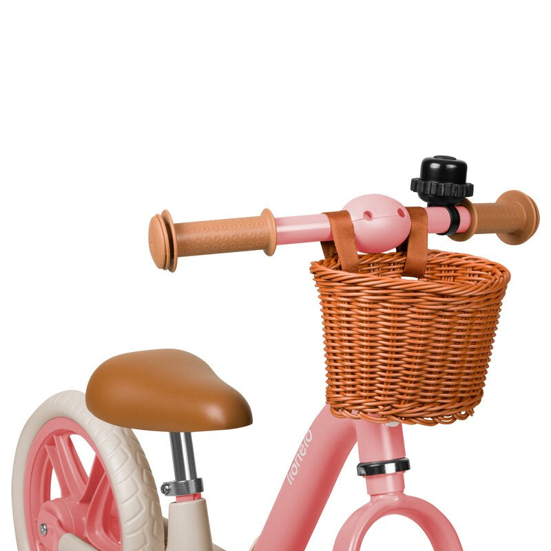 Bicicleta fara pedale, Lionelo, Alex Plus, Usoara, Cu ghidon si sa reglabile, Include cos depozitare si sonerie, Din otel, Cu roti din spuma EVA, 12 inch, Pink Rose