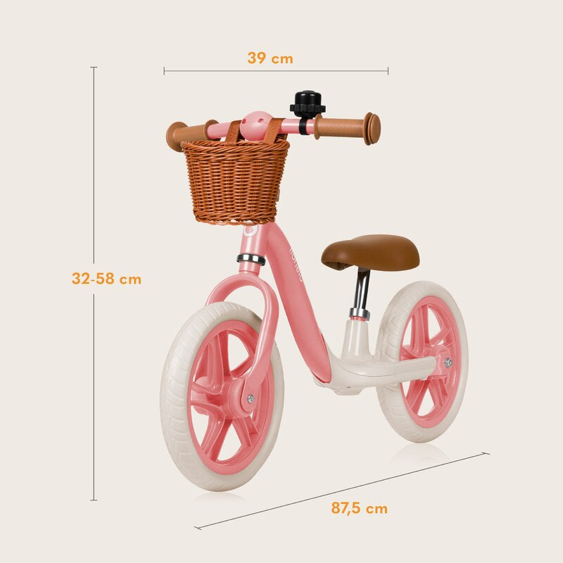 Bicicleta fara pedale, Lionelo, Alex Plus, Usoara, Cu ghidon si sa reglabile, Include cos depozitare si sonerie, Din otel, Cu roti din spuma EVA, 12 inch, Pink Rose