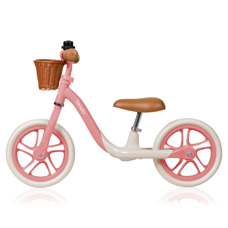Bicicleta fara pedale, Lionelo, Alex Plus, Usoara, Cu ghidon si sa reglabile, Include cos depozitare si sonerie, Din otel, Cu roti din spuma EVA, 12 inch, Pink Rose