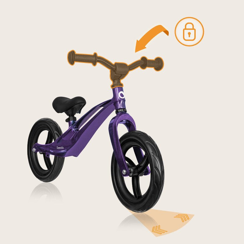 Bicicleta fara pedale, Lionelo, Bart, Usoara, Cu cadru din magneziu, Cu ghidon si sa reglabile, Greutate 3 Kg, 12 inch, Conform cu standardul european de securitate EN71, Purple Amethyst