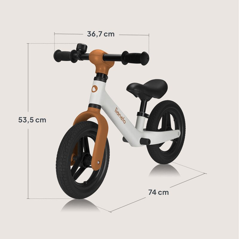 Bicicleta fara pedale, Lionelo, Toni, Cu ghidon si sa reglabile, Ultra usoara, 2.8 Kg, 18 luni+, Sustine 30 kg, Conform cu standardul EN71-1/2/3, Certificata TUV SUD, Bej