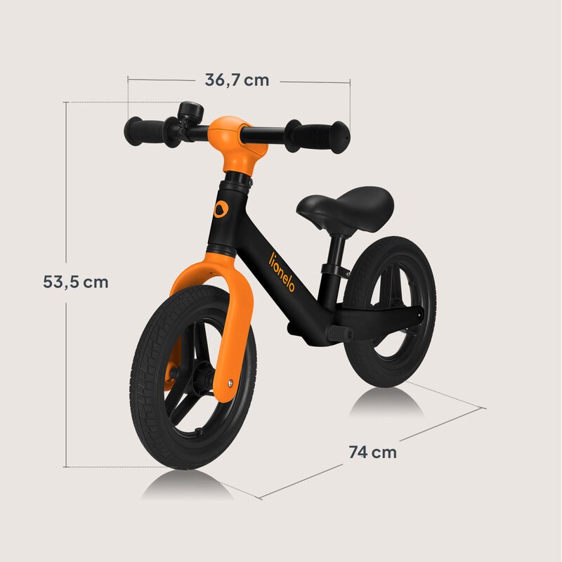 Bicicleta fara pedale, Lionelo, Toni, Cu ghidon si sa reglabile, Ultra usoara, 2.8 Kg, 18 luni+, Sustine 30 kg, Conform cu standardul EN71-1/2/3, Certificata TUV SUD, Portocaliu