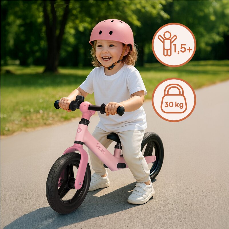 Bicicleta fara pedale, Lionelo, Toni, Cu ghidon si sa reglabile, Ultra usoara, 2.8 Kg, 18 luni+, Sustine 30 kg, Conform cu standardul EN71-1/2/3, Certificata TUV SUD, Roz