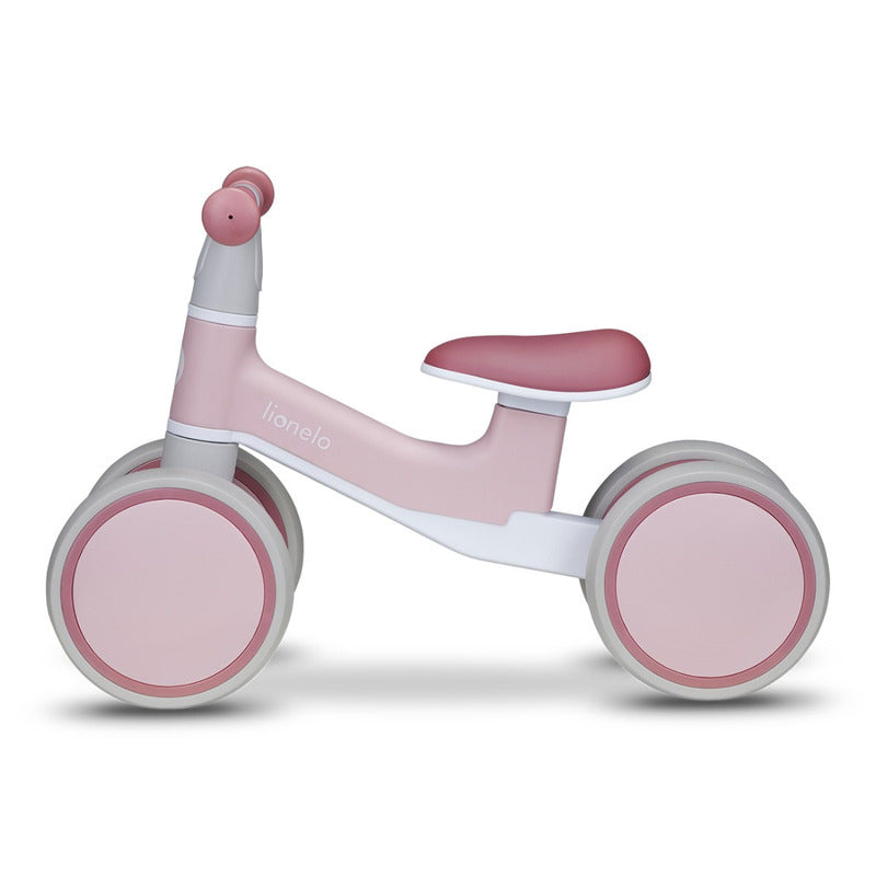Bicicleta fara pedale, Lionelo, Villy, Cu 4 roti, Din spuma EVA si TPR, Stabila, Manere moi, antiderapante, 12- 36 luni, Sustine pana la 30 kg, Certificata EN 71-1:2014, EN 71-2:2011, EN 71-3:2019, Roz