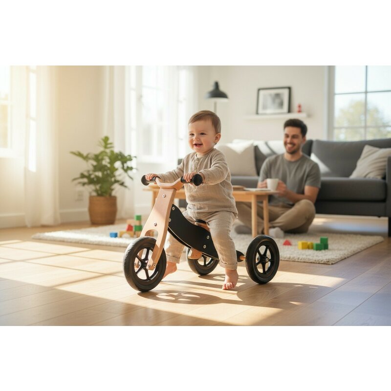 Bicicleta/tricicleta fara pedale, Free2Move, Din lemn, 2 in 1, Functie de bicicleta echilibru, Sa reglabila, Manere antiderapante, Roti ajustabile, 18 luni - 3 ani, Conform cu standardele europene EN71-1;2018, EN71-2:2020, EN71-3:2021, Brown Black