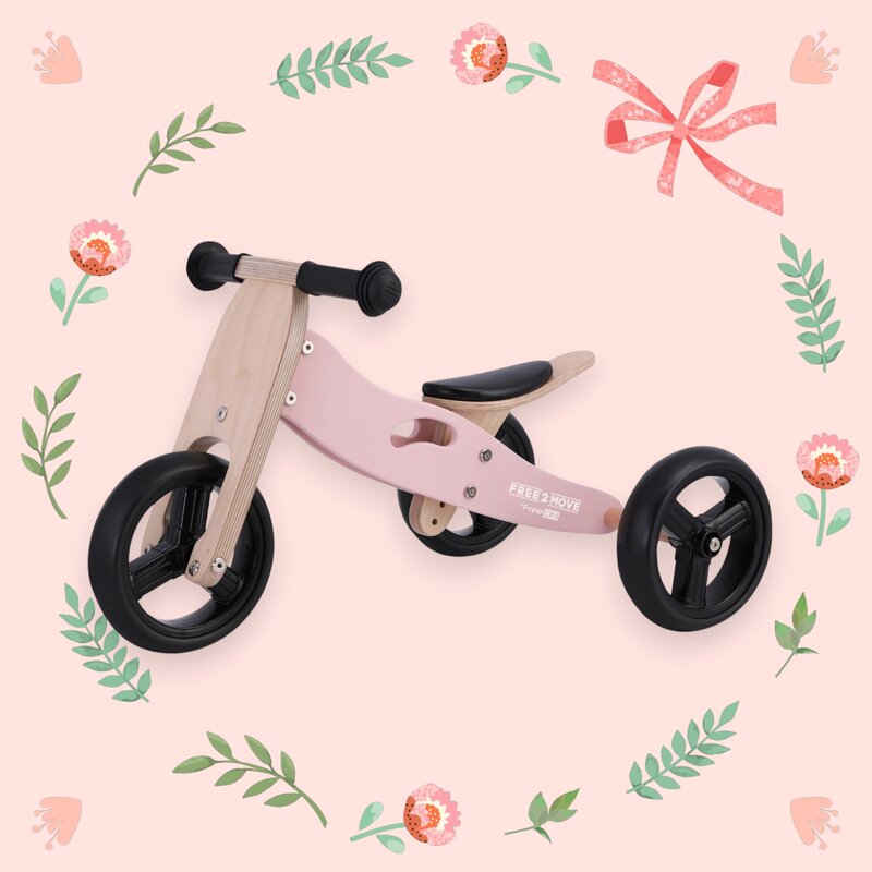 Bicicleta/tricicleta fara pedale, Free2Move, Din lemn, 2 in 1, Functie de bicicleta echilibru, Scaun reglabil, Roti ajustabile, Manere antiderapante, Varsta 1-3 ani, Conform cu standardele europene EN71-1;2018, EN71-2:2020, EN71-3:2021, Dusty Pink
