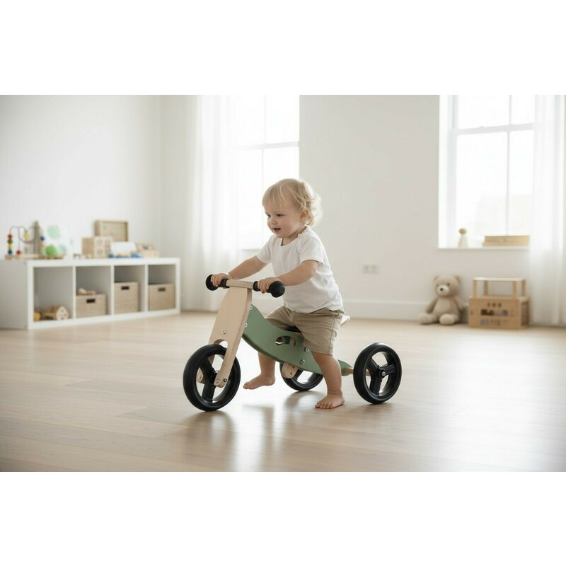 Bicicleta/tricicleta fara pedale, Free2Move, Din lemn, 2 in 1, Functie de bicicleta echilibru, Scaun reglabil, Roti ajustabile, Manere antiderapante, Varsta 1-3 ani, Conform cu standardele europene EN71-1;2018, EN71-2:2020, EN71-3:2021, Mint
