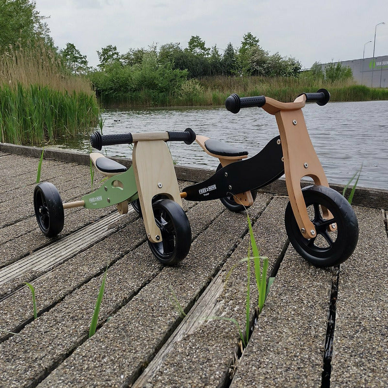 Bicicleta/tricicleta fara pedale, Free2Move, Din lemn, 2 in 1, Functie de bicicleta echilibru, Sa reglabila, Manere antiderapante, Roti ajustabile, 18 luni - 3 ani, Conform cu standardele europene EN71-1;2018, EN71-2:2020, EN71-3:2021, Brown Black