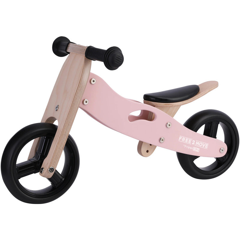 Tricicleta 2 in 1 din lemn Free2Move Dusty Pink fara pedale