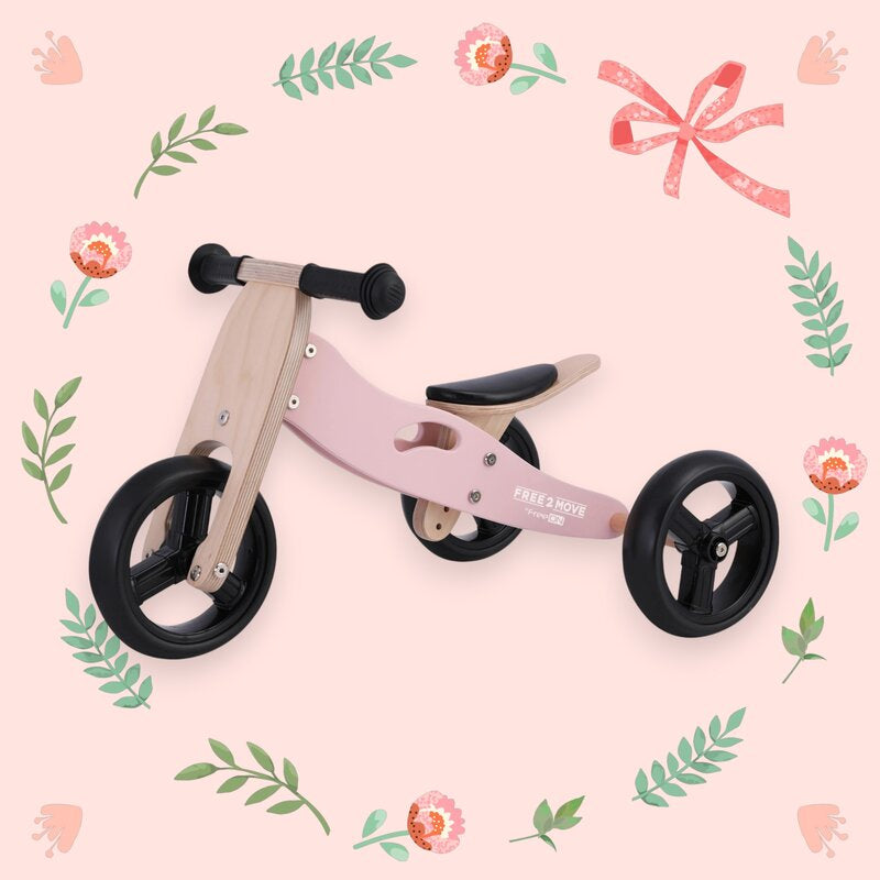 Tricicleta 2 in 1 din lemn Free2Move Dusty Pink fara pedale
