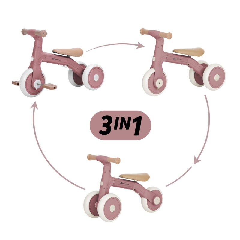 Bicicleta/tricicleta, Petite&Mars, 3 in 1, Multifunctionala, Cu/fara pedale, Ghidon directionabil, Sa reglabila pe inaltime, 2.3 kg, Pana la 25 kg, 12-36 luni, Roz