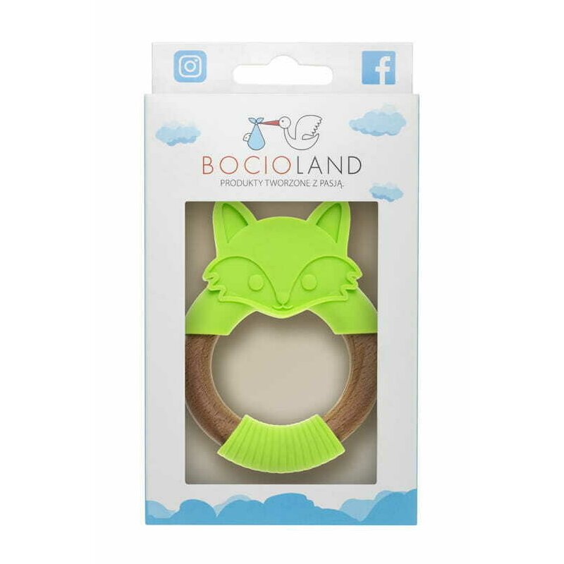 Jucarie de dentitie, Bocioland, Din silicon si lemn, Usor de prins, Bpa Free, Vulpe, Verde