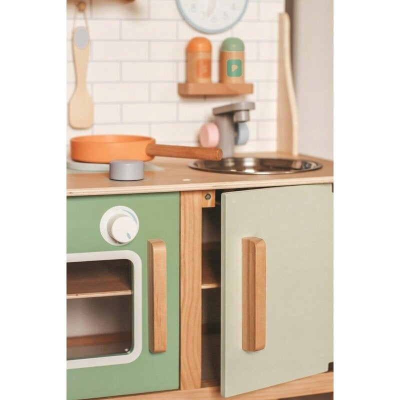 Bucatarie copii, Joueco, Din lemn certificat FSC, Cu accesorii, Reglabila pe inaltime, 86x56 cm, 3 ani+, Multicolor