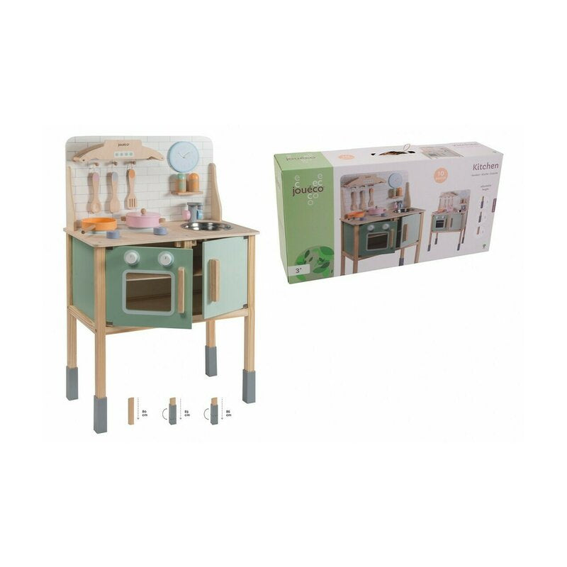 Bucatarie copii, Joueco, Din lemn certificat FSC, Cu accesorii, Reglabila pe inaltime, 86x56 cm, 3 ani+, Multicolor