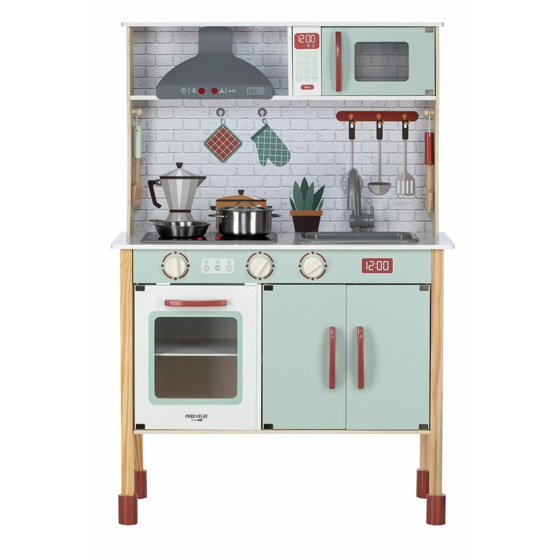 Bucatarie copii lemn, Free2Play, Mini Chef, Cu efecte de sunet si lumina, Cu accesorii, 70 x 30 x 104 cm, Conform cu standardele europene EN71-1;2018, EN71-2:2020, EN71-3:2021