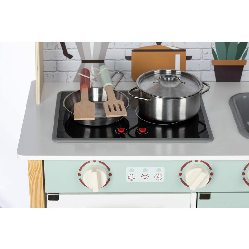 Bucatarie copii lemn, Free2Play, Mini Chef, Cu efecte de sunet si lumina, Cu accesorii, 70 x 30 x 104 cm, Conform cu standardele europene EN71-1;2018, EN71-2:2020, EN71-3:2021