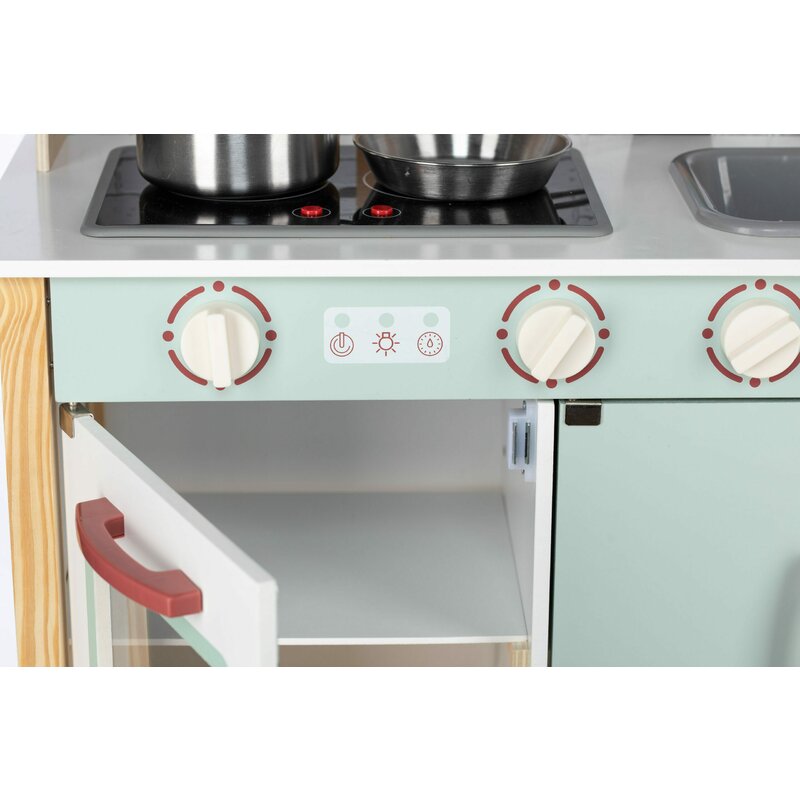 Bucatarie copii lemn, Free2Play, Mini Chef, Cu efecte de sunet si lumina, Cu accesorii, 70 x 30 x 104 cm, Conform cu standardele europene EN71-1;2018, EN71-2:2020, EN71-3:2021