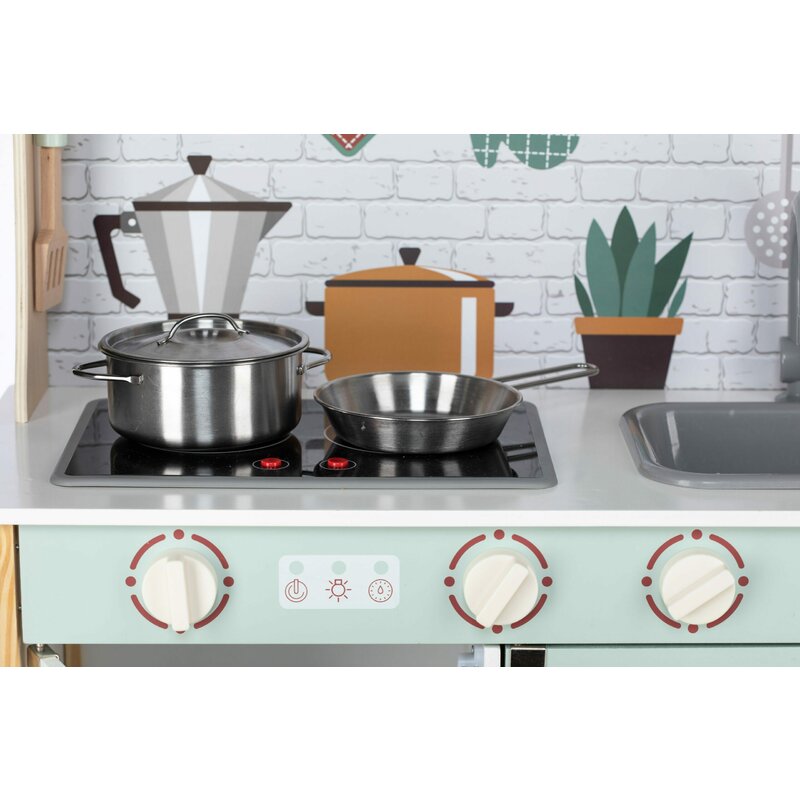 Bucatarie copii lemn, Free2Play, Mini Chef, Cu efecte de sunet si lumina, Cu accesorii, 70 x 30 x 104 cm, Conform cu standardele europene EN71-1;2018, EN71-2:2020, EN71-3:2021