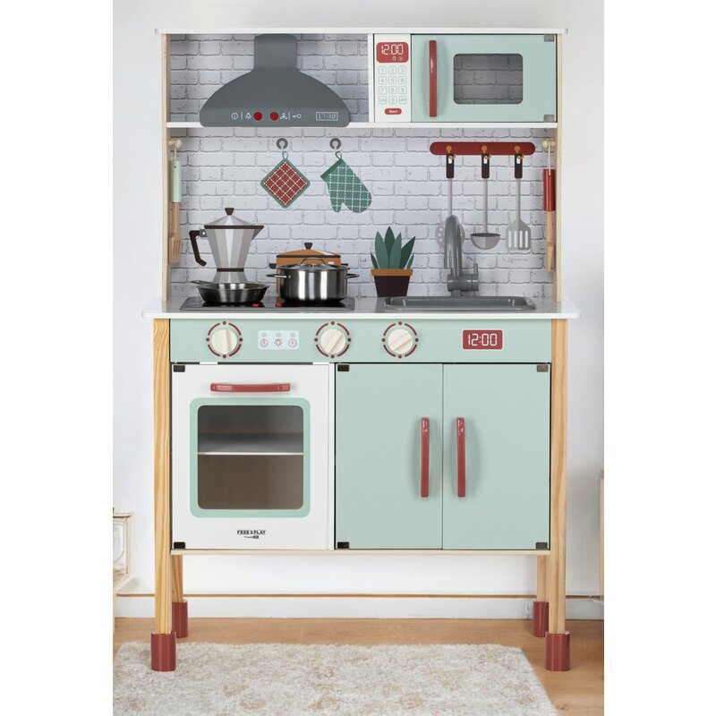 Bucatarie copii lemn, Free2Play, Mini Chef, Cu efecte de sunet si lumina, Cu accesorii, 70 x 30 x 104 cm, Conform cu standardele europene EN71-1;2018, EN71-2:2020, EN71-3:2021