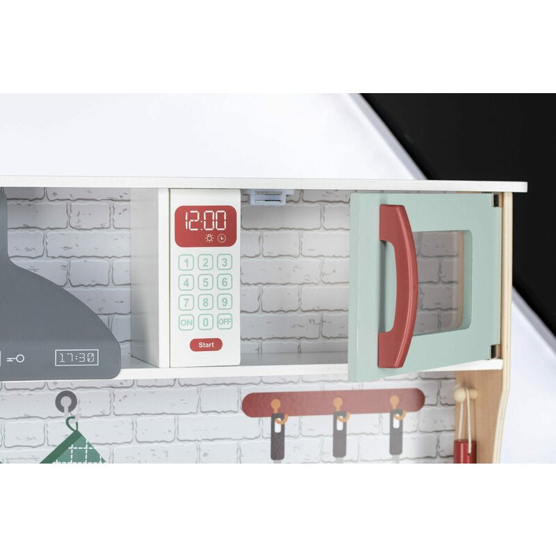 Bucatarie copii lemn, Free2Play, Mini Chef, Cu efecte de sunet si lumina, Cu accesorii, 70 x 30 x 104 cm, Conform cu standardele europene EN71-1;2018, EN71-2:2020, EN71-3:2021