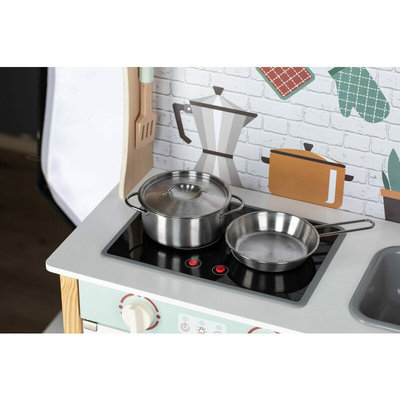 Bucatarie copii lemn, Free2Play, Mini Chef, Cu efecte de sunet si lumina, Cu accesorii, 70 x 30 x 104 cm, Conform cu standardele europene EN71-1;2018, EN71-2:2020, EN71-3:2021
