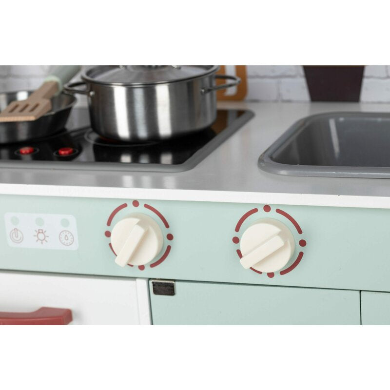 Bucatarie copii lemn, Free2Play, Mini Chef, Cu efecte de sunet si lumina, Cu accesorii, 70 x 30 x 104 cm, Conform cu standardele europene EN71-1;2018, EN71-2:2020, EN71-3:2021