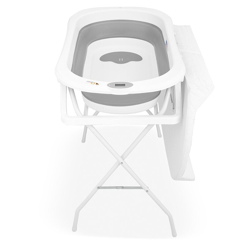 Cadita de baie pliabila, Qmini, Foldy Pro Care, Cu suport metalic si masuta de infasat, Cu termometru electronic, Cu dop si furtun pentru scurgere, Antiderapanta, 80×49 cm, Alb/Gri