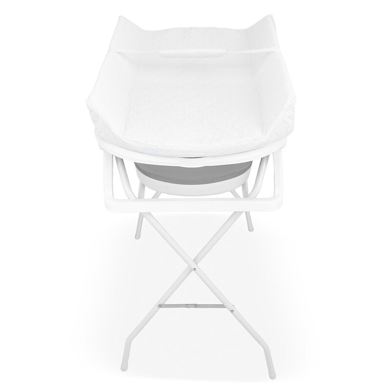 Cadita de baie pliabila, Qmini, Foldy Pro Care, Cu suport metalic si masuta de infasat, Cu termometru electronic, Cu dop si furtun pentru scurgere, Antiderapanta, 80×49 cm, Alb/Gri