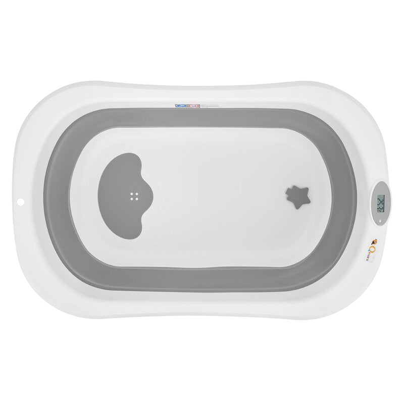 Cadita de baie pliabila, Qmini, Foldy Pro Care, Cu suport metalic si masuta de infasat, Cu termometru electronic, Cu dop si furtun pentru scurgere, Antiderapanta, 80×49 cm, Alb/Gri