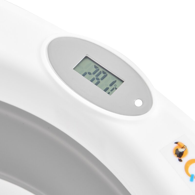 Cadita de baie pliabila, Qmini, Foldy Pro Care, Cu suport metalic si masuta de infasat, Cu termometru electronic, Cu dop si furtun pentru scurgere, Antiderapanta, 80×49 cm, Alb/Gri