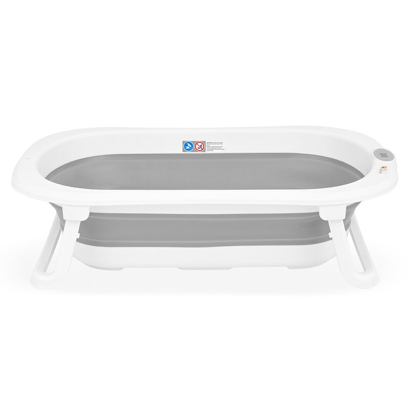 Cadita de baie pliabila, Qmini, Foldy Pro, Cu suport metalic si pernuta de baie, Cu termometru electronic, Cu dop si furtun pentru scurgere, Antiderapanta, 80×49 cm, Alb/Gri