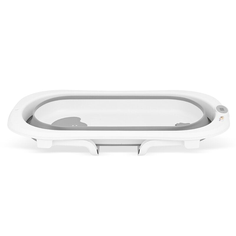 Cadita de baie pliabila, Qmini, Foldy Pro, Cu suport metalic si pernuta de baie, Cu termometru electronic, Cu dop si furtun pentru scurgere, Antiderapanta, 80×49 cm, Alb/Gri