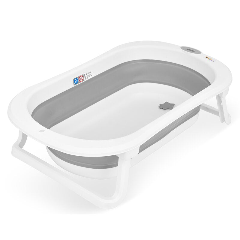 Cadita de baie pliabila, Qmini, Foldy Pro, Cu suport metalic si pernuta de baie, Cu termometru electronic, Cu dop si furtun pentru scurgere, Antiderapanta, 80×49 cm, Alb/Gri