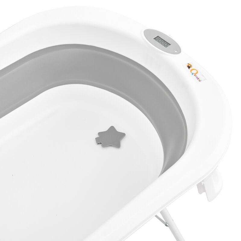 Cadita de baie pliabila, Qmini, Foldy Pro, Cu suport metalic si pernuta de baie, Cu termometru electronic, Cu dop si furtun pentru scurgere, Antiderapanta, 80×49 cm, Alb/Gri