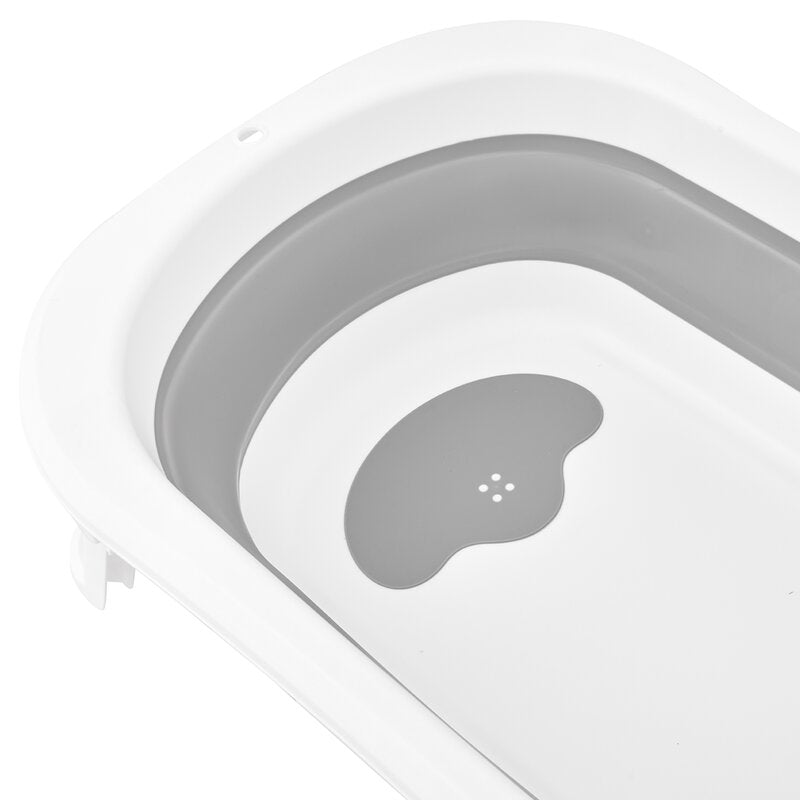 Cadita de baie pliabila, Qmini, Foldy Pro, Cu suport metalic si pernuta de baie, Cu termometru electronic, Cu dop si furtun pentru scurgere, Antiderapanta, 80×49 cm, Alb/Gri