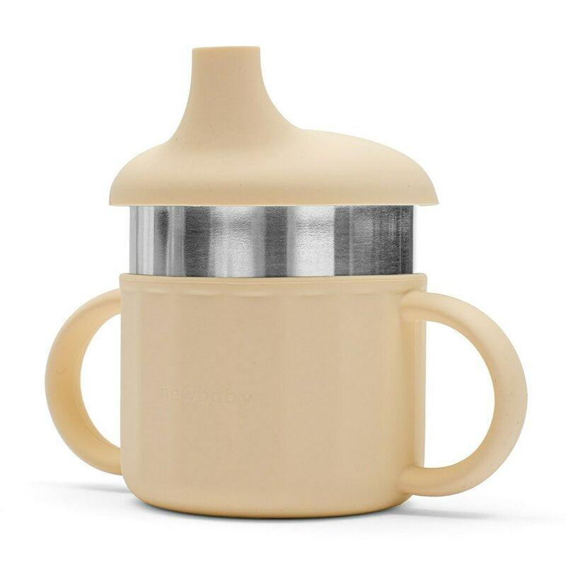Canuta, New Baby, Cu manere si gura de scurgere care poate fi folosita de sine statatoare sau cu pai, 50% silicon, 50% otel inoxidabil, Fara BPA, 0 luni+, Beige