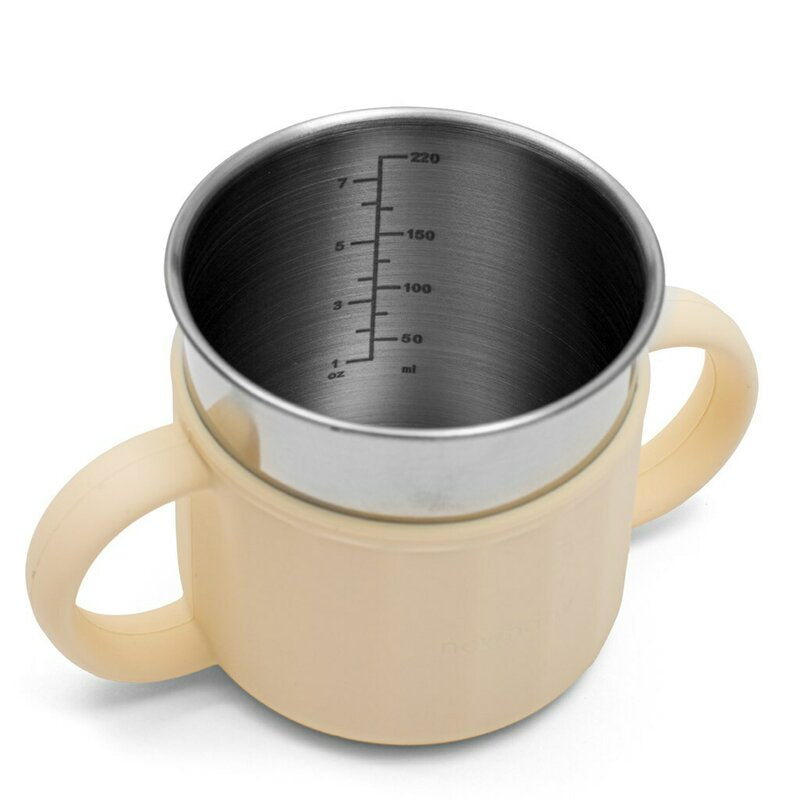 Canuta, New Baby, Cu manere si gura de scurgere care poate fi folosita de sine statatoare sau cu pai, 50% silicon, 50% otel inoxidabil, Fara BPA, 0 luni+, Beige